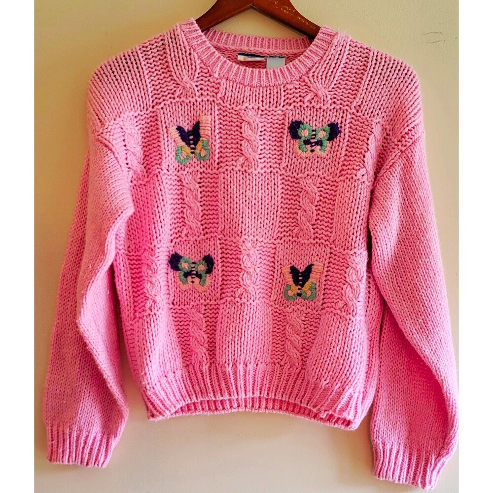 Vintag Girls L Pink Knit Crew Neck Long Sleeve Pullover Sweater Butterfly